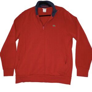 Lacoste Mens Half Zip Lightweight Interlock Sweatshirt Red Ribbed Cotton Pockets
